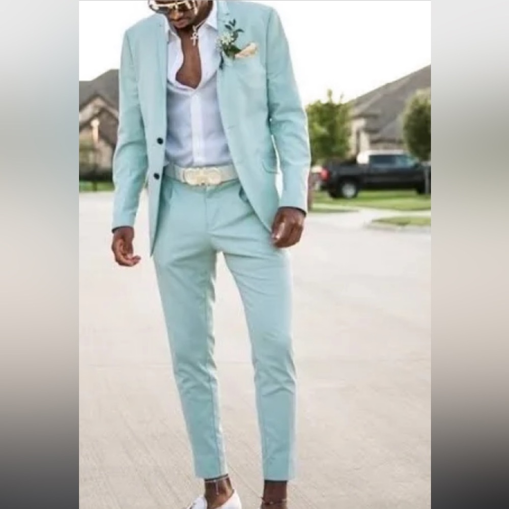 Slim fit three piece suit teal green